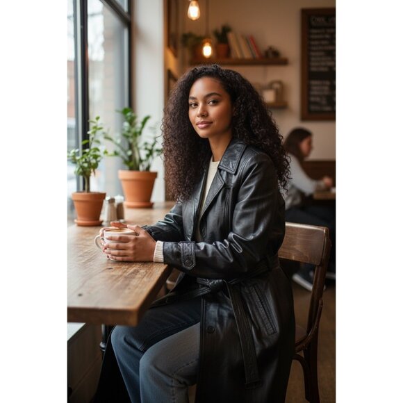 Avanti Leather Long Trench Coat Womens Medium Black Waist belt Matrix Grunge 70s - Picture 8 of 16